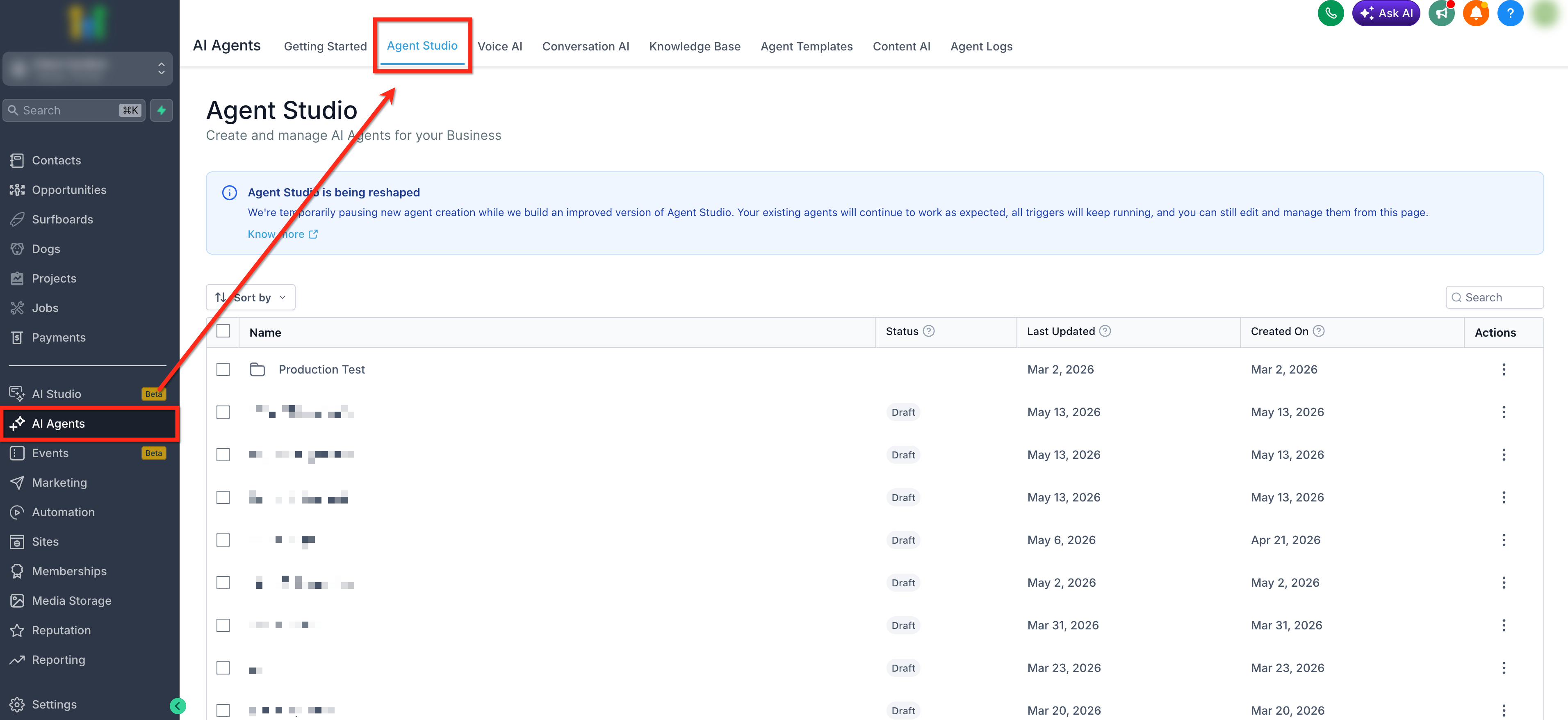 How to Use Custom Values and Variables in Agent Studio – Step 2: Open Agent Studio