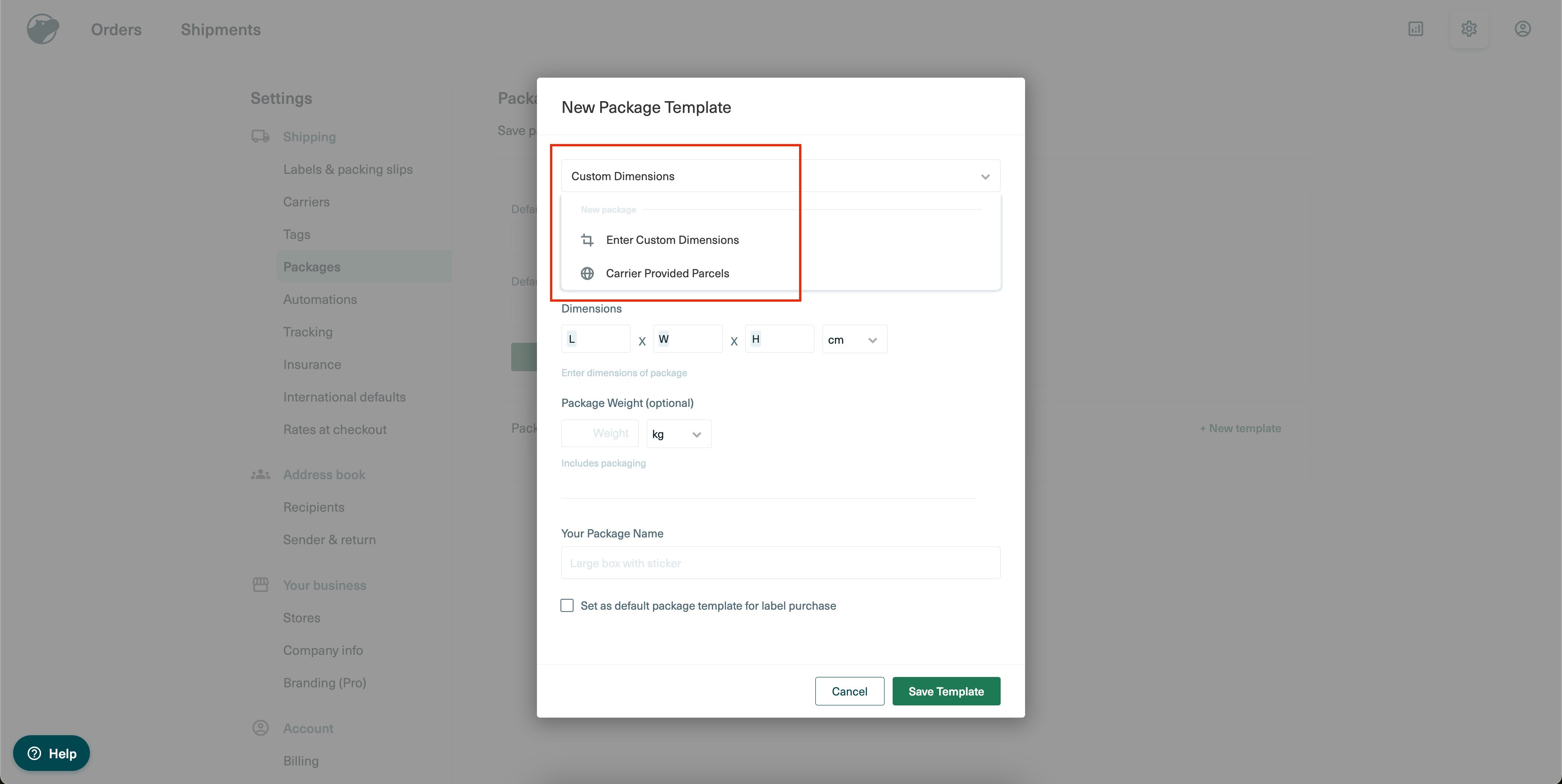 How to use Shippo Integration for automatic fulfilments & live rates? – 2.1. Setting up Package Template in Shippo: