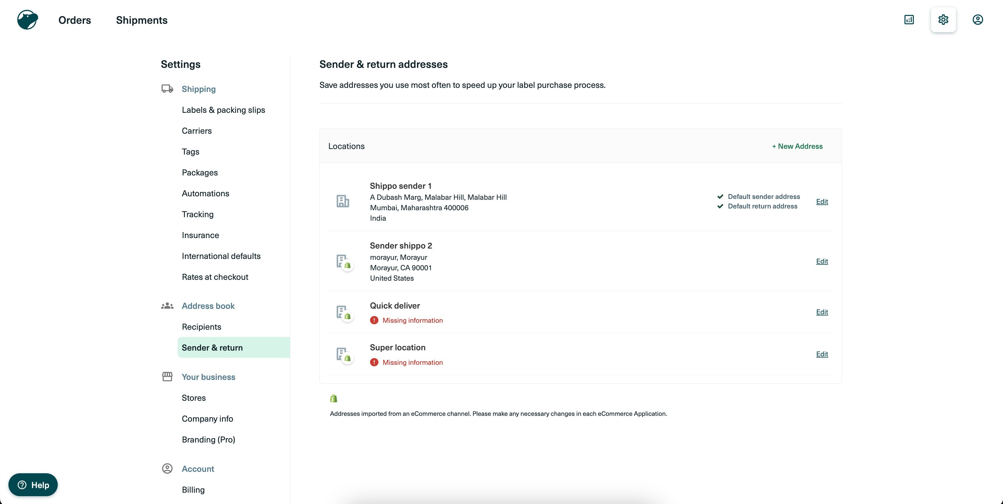 How to use Shippo Integration for automatic fulfilments & live rates? – 2.2. Setting up Shipping origin in Shippo: