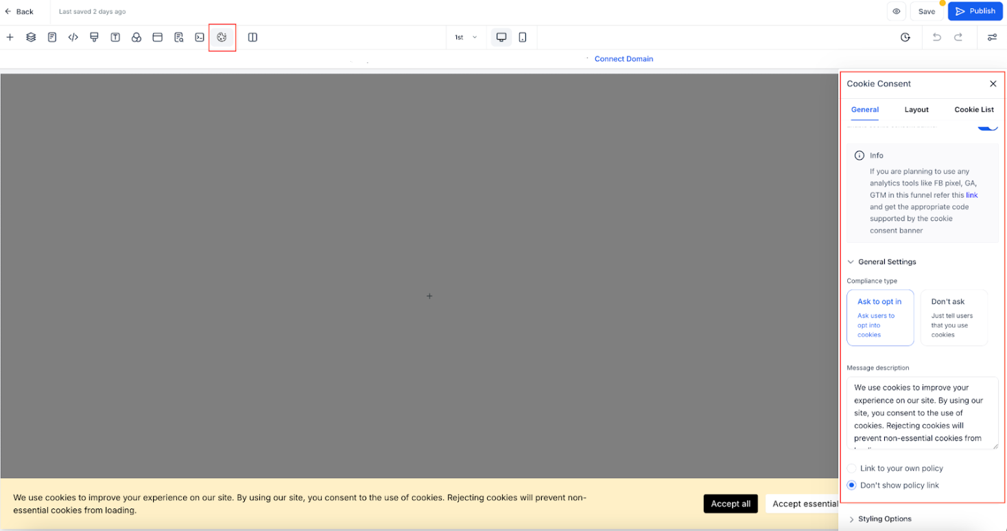 How to Use the Cookie Consent Banner in Funnels & Websites – General Settings