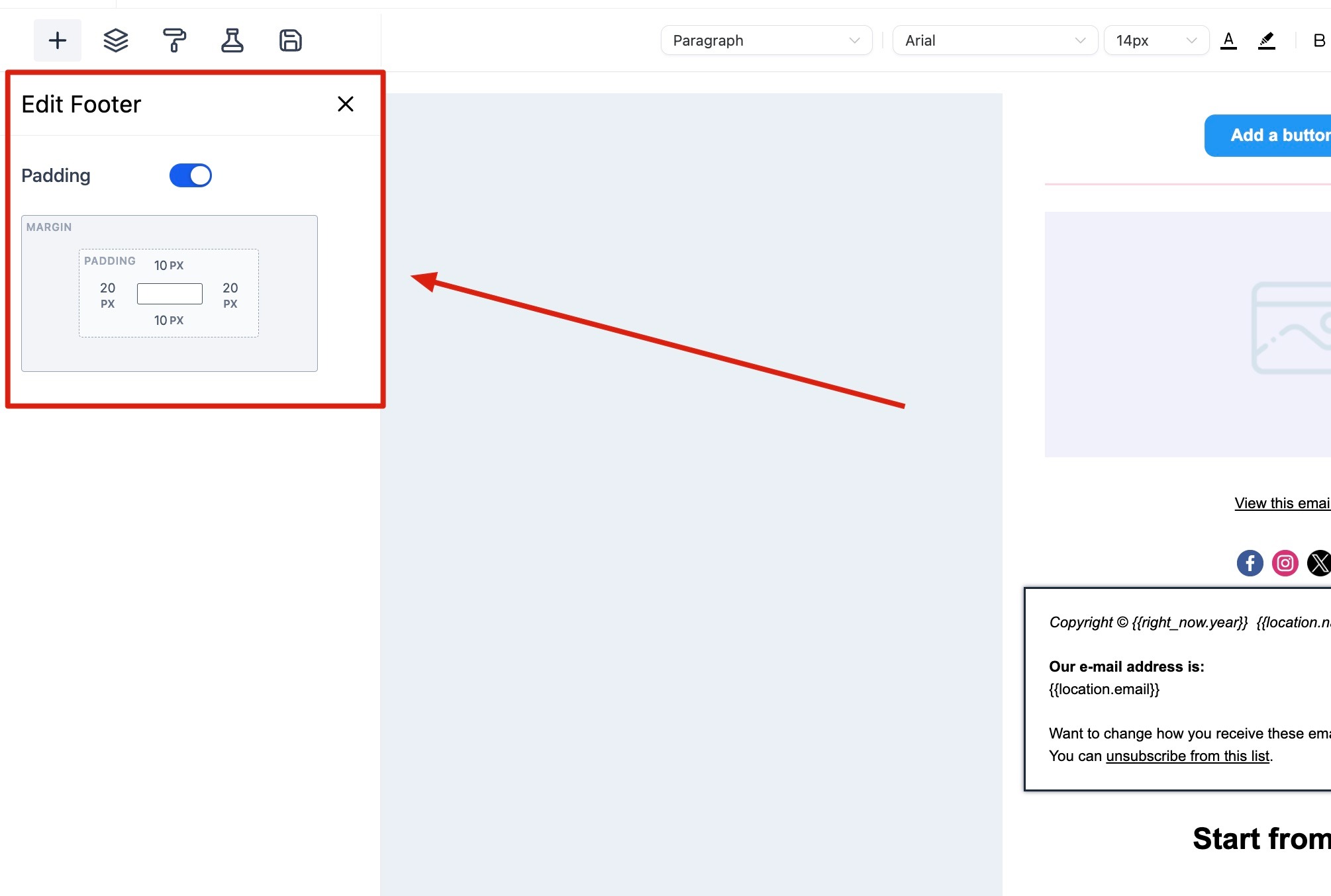 How to use the Email Builder and its In-line Editor – Footer: