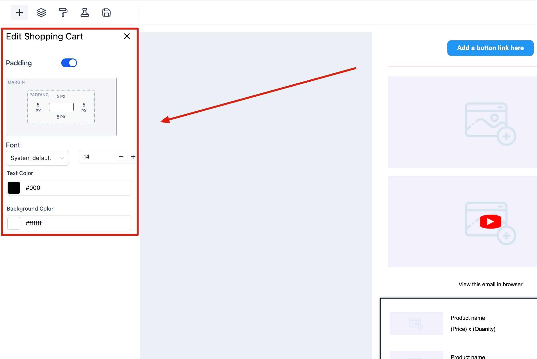 How to use the Email Builder and its In-line Editor – Shopping Cart: