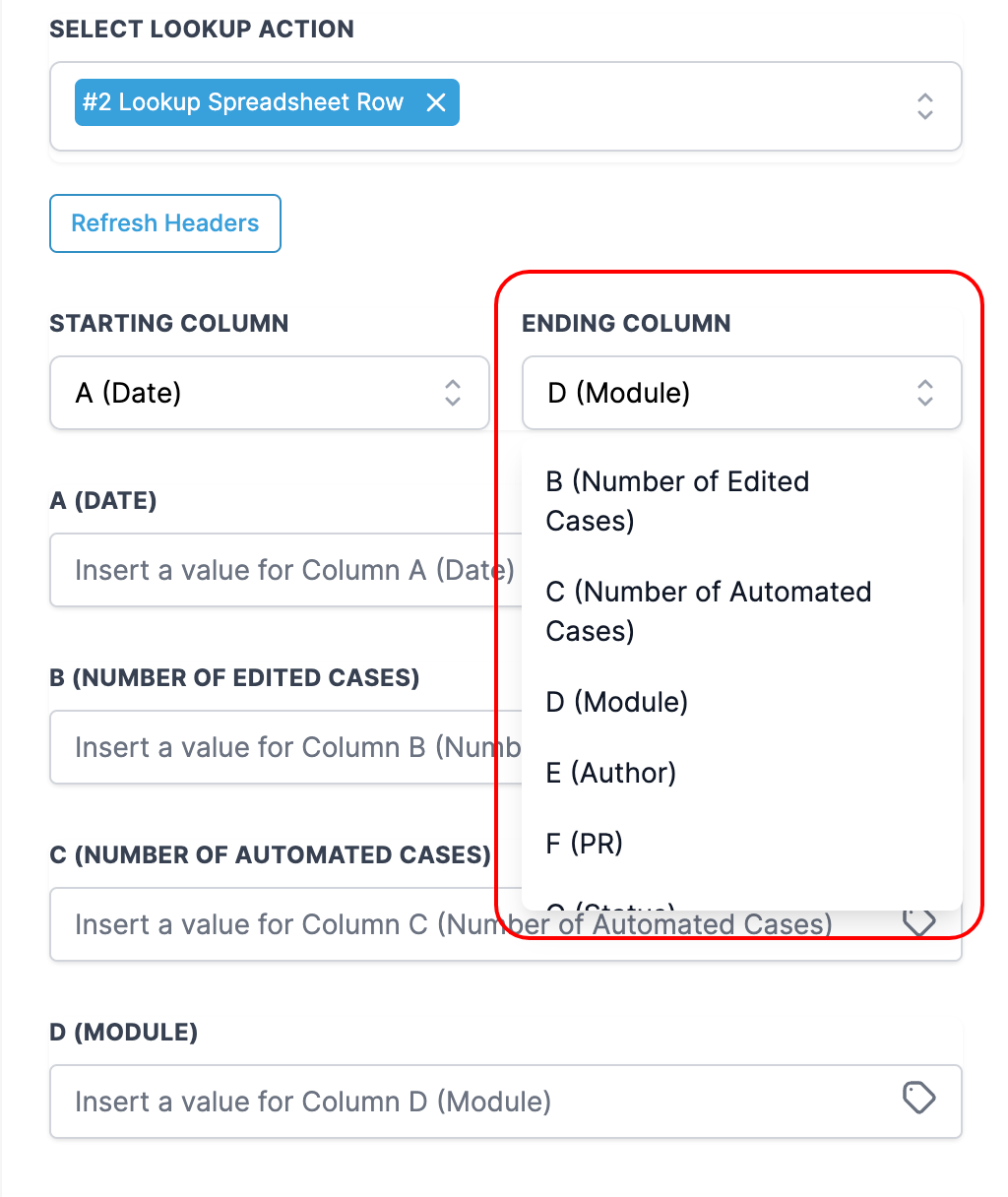 How to use the Google Sheets Premium Workflow Action? – Selecting a Starting Column and End Column