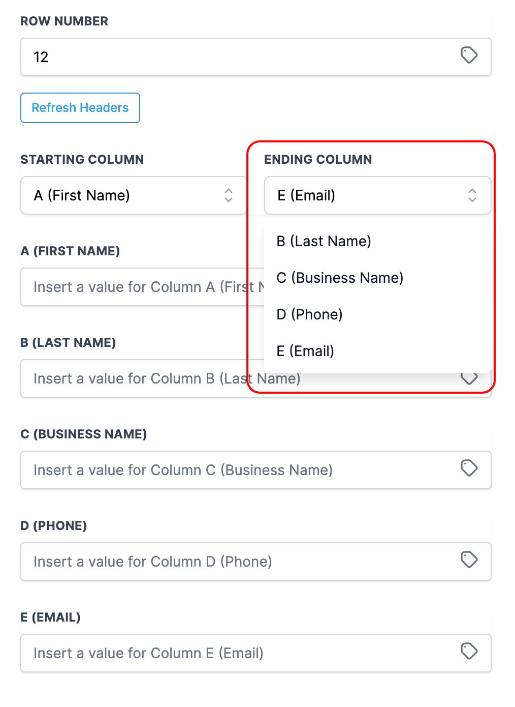How to use the Google Sheets Premium Workflow Action? – Selecting Starting Column and End Column in the Worksheet