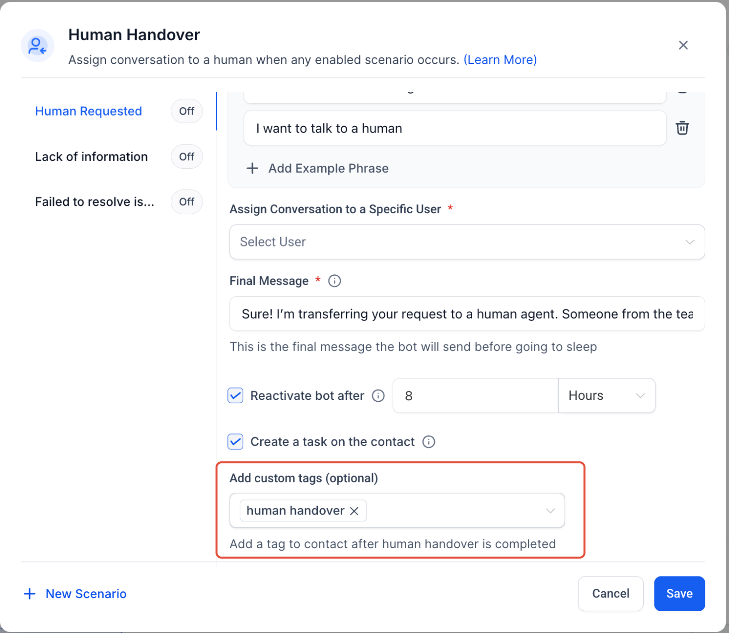 Human Handover Setup for AI Conversations – Add Tags and Additional Actions