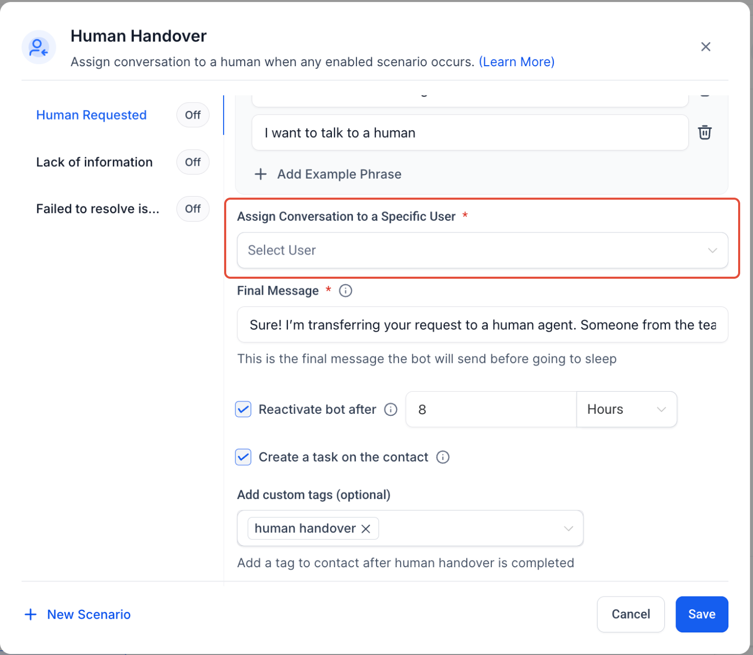 Human Handover Setup for AI Conversations – Assign the Conversation to a User