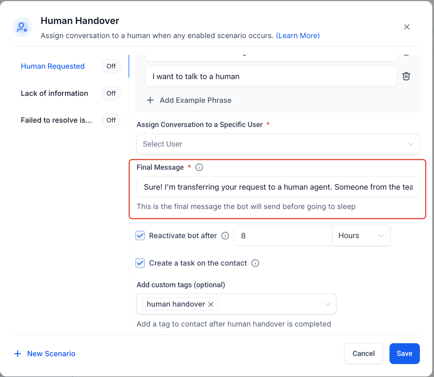 Human Handover Setup for AI Conversations – Customize the Final Message