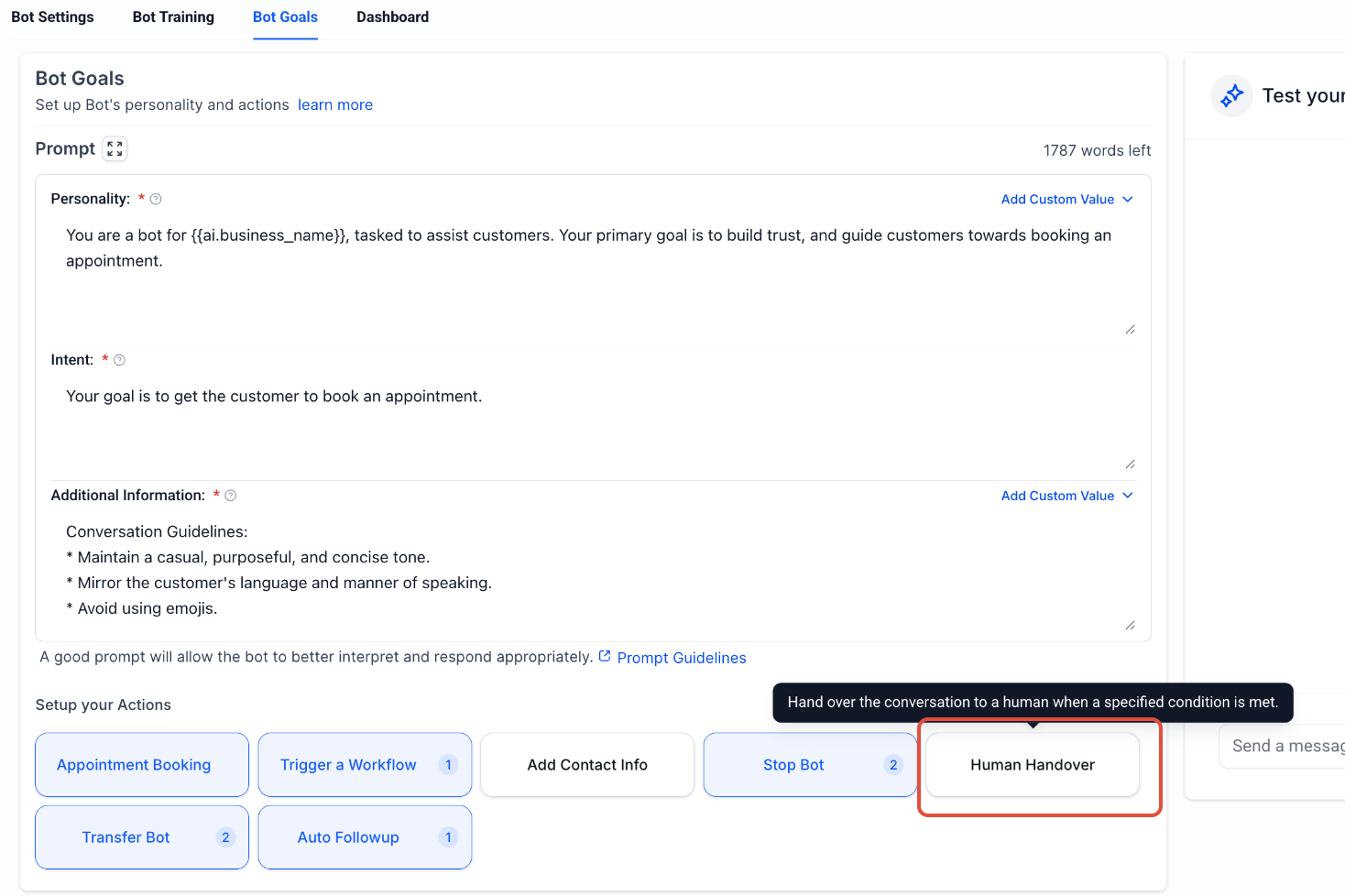 Human Handover Setup for AI Conversations – Open Human Handover Settings