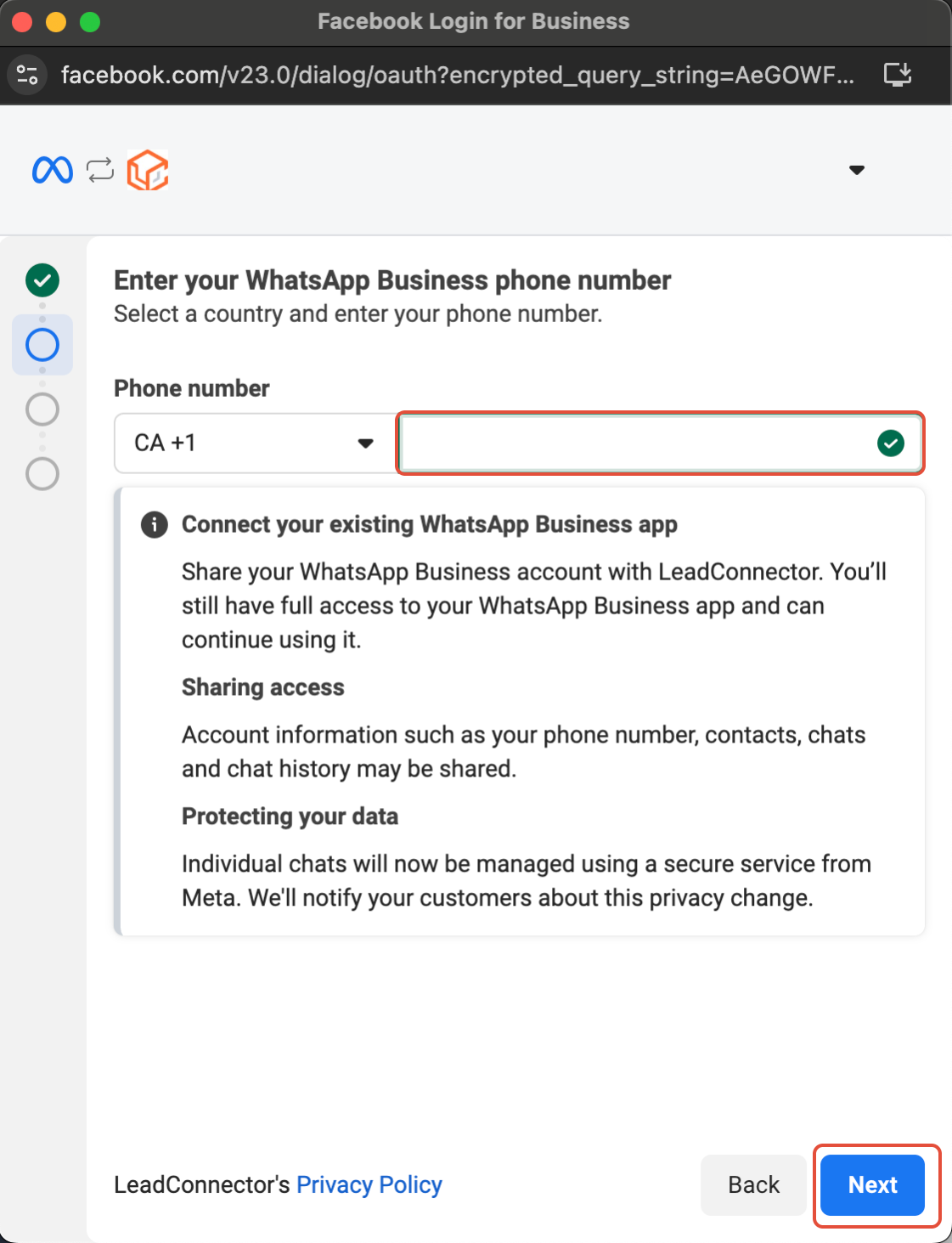How to Enable WhatsApp in your account? – Add your WhatsApp Business phone number and tap Next.