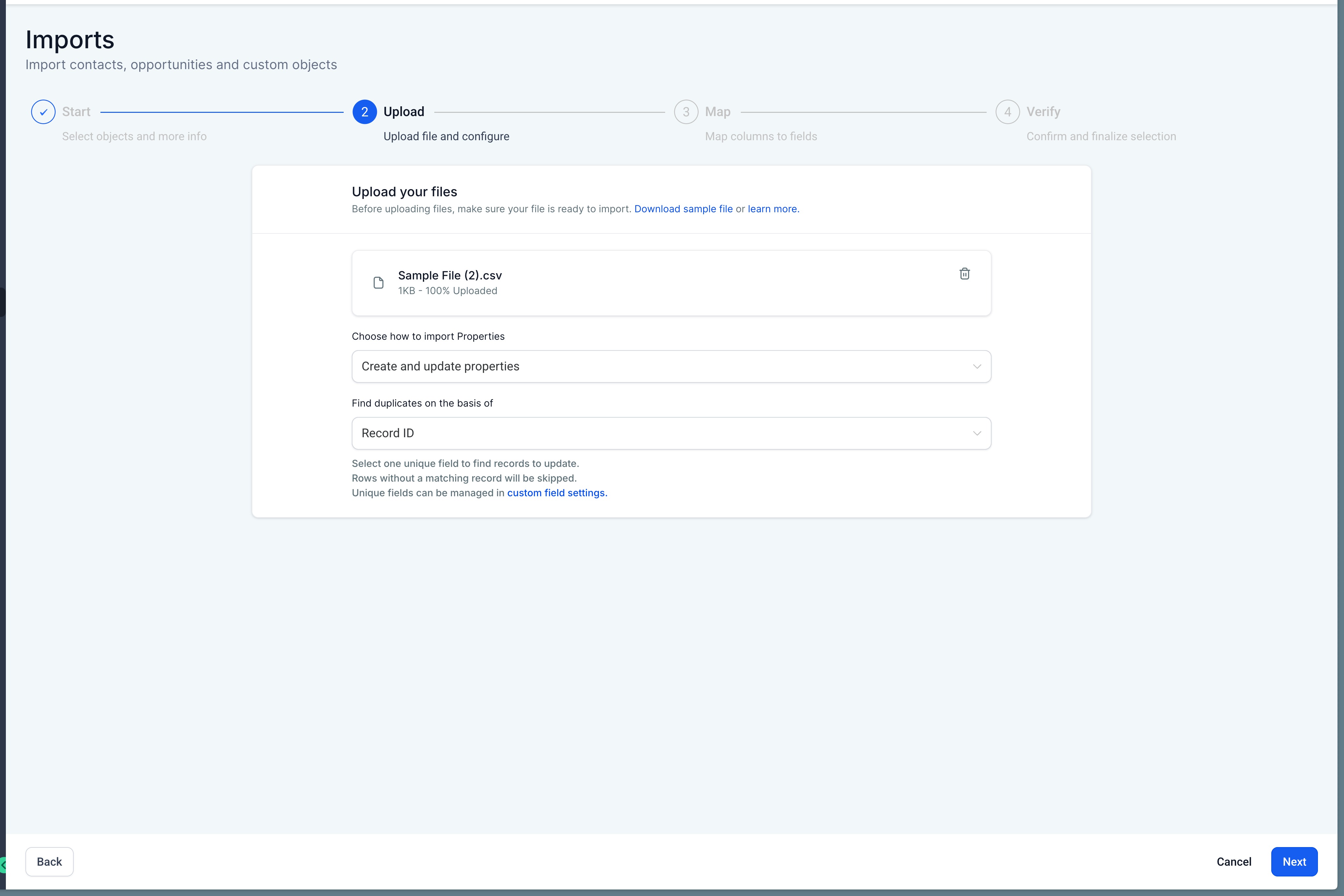 Import Companies & Custom Objects Using a CSV File – Step 3: Upload CSV File
