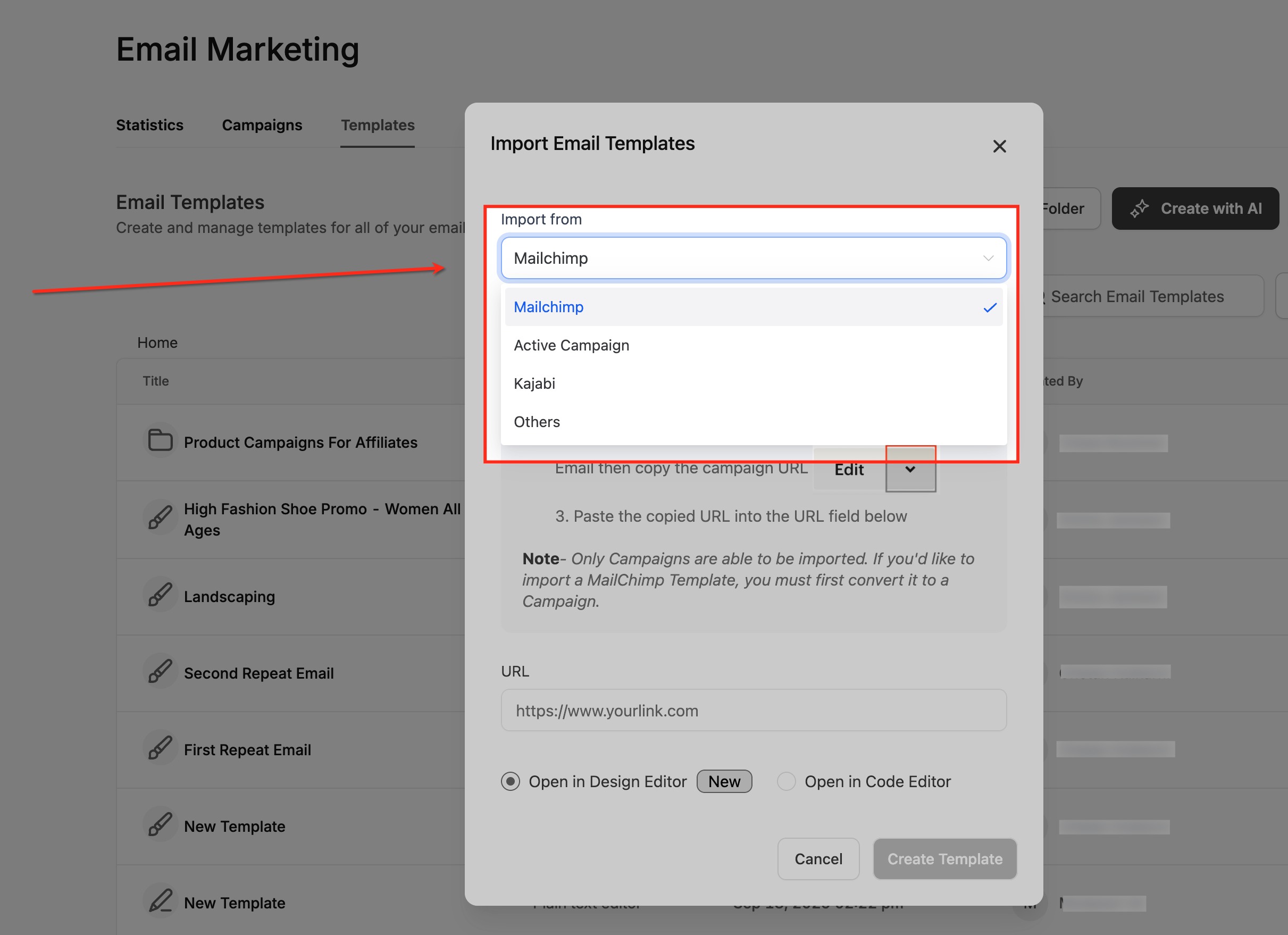 Importing and Editing Mailchimp Email Templates in Design Editor – Choose Mailchimp as the Import Source