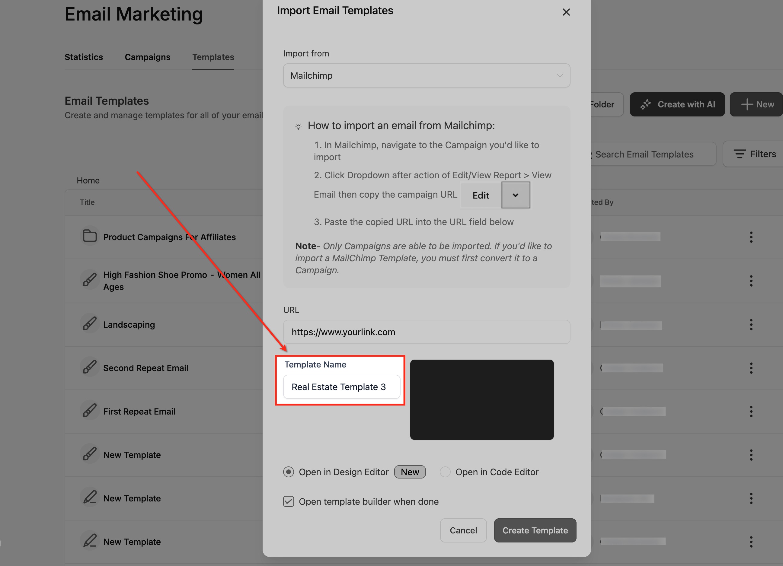 Importing and Editing Mailchimp Email Templates in Design Editor – Enter a Template Name