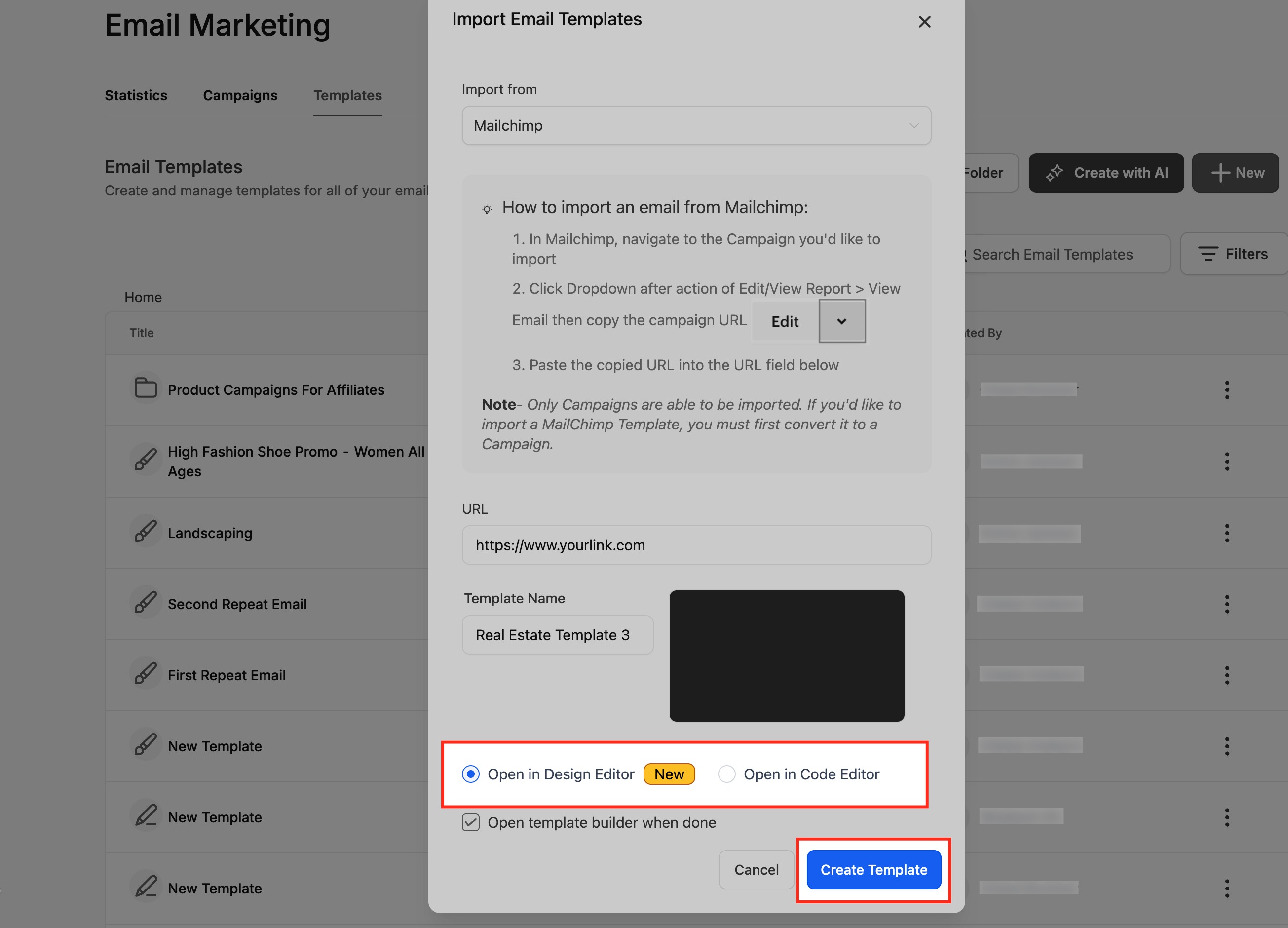 Importing and Editing Mailchimp Email Templates in Design Editor – Open in the Design Editor and Create Template
