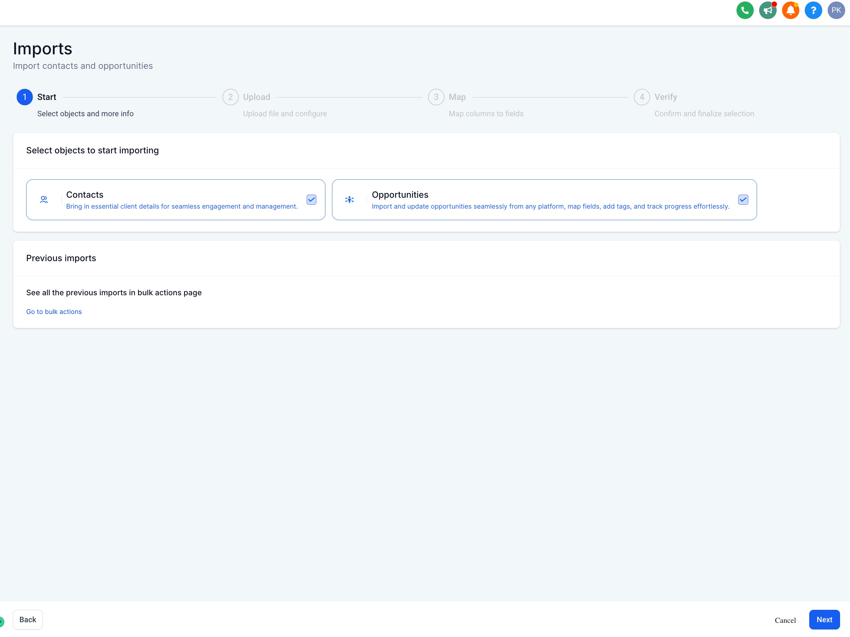 Importing Contacts and Opportunities via CSV (Coming Soon) – Step 2: Select Objects to Import