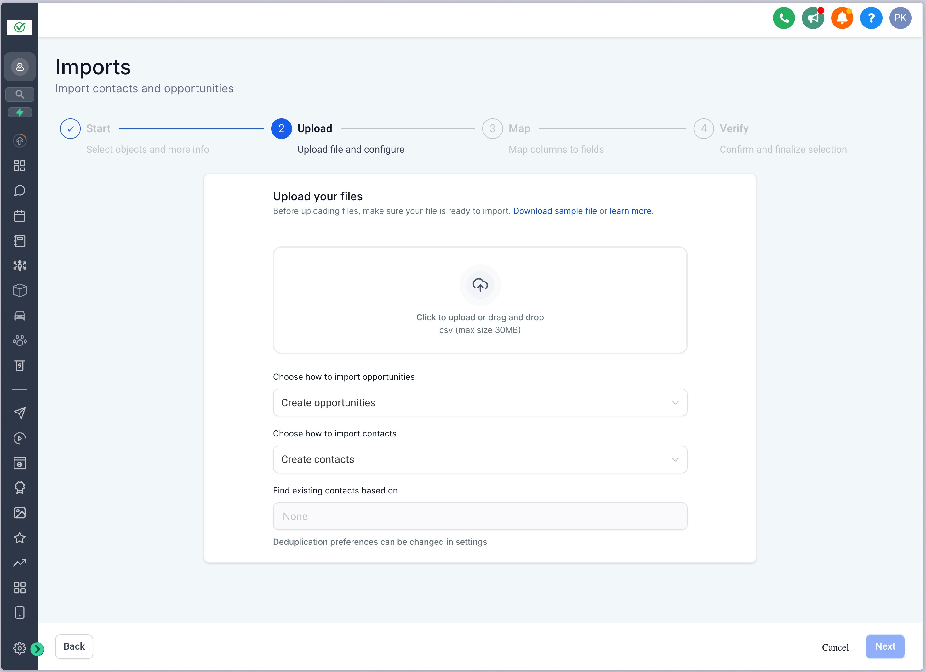 Importing Contacts and Opportunities via CSV (Coming Soon) – Step 3: Upload CSV File