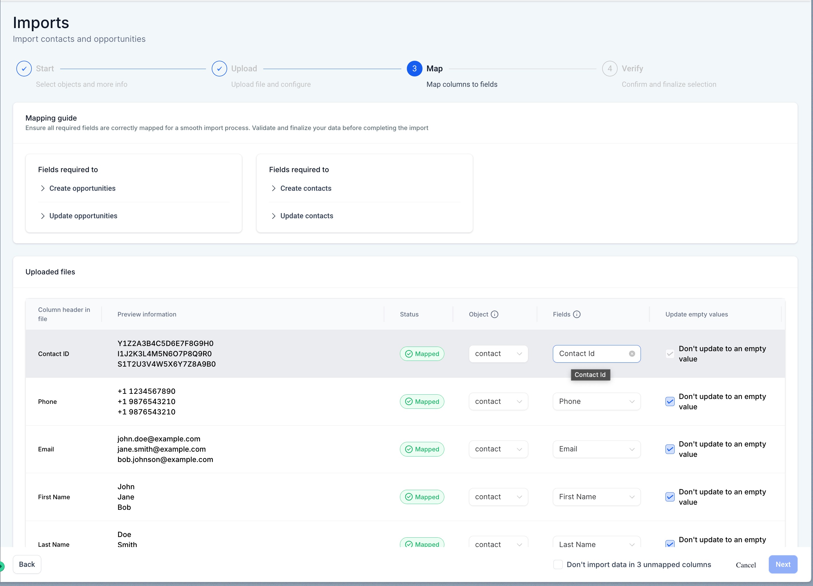 Importing Contacts and Opportunities via CSV (Coming Soon) – Step 4: Map fields