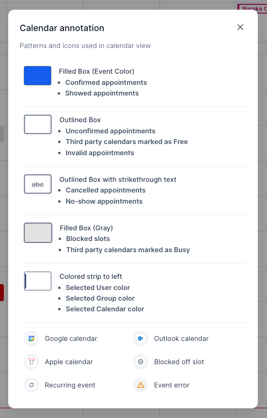 In App Calendar view – Annotation Key Added