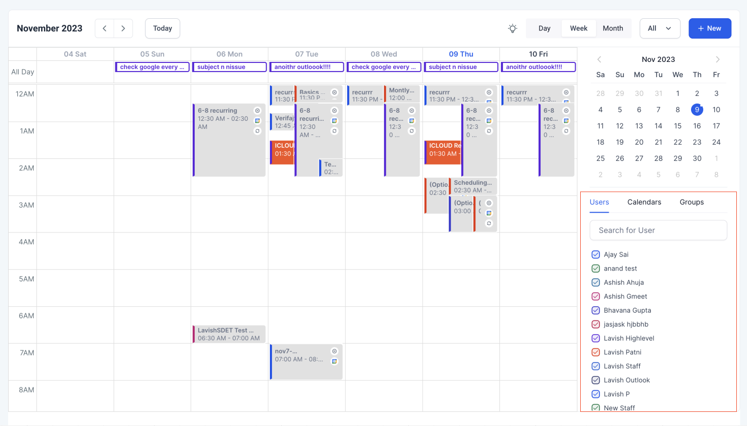 In App Calendar view – Multi-User Selection