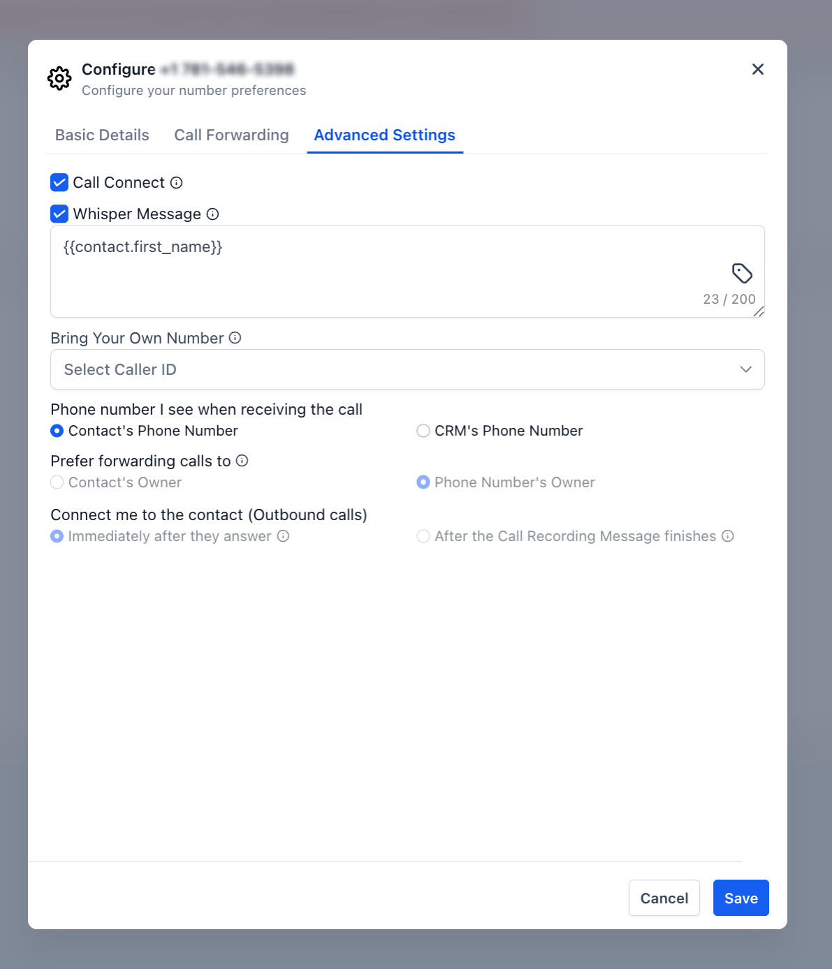 Inbound Calls: IVR, AI, Routing & Call Flow Explained – Advanced Settings showing Contact's Owner and Phone Number's Owner routing preferences