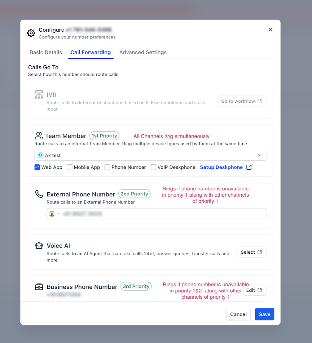 Inbound Calls: IVR, AI, Routing & Call Flow Explained – Call Forwarding screen showing Team Member, External Phone Number, Voice AI, and Business Phone Number priori…