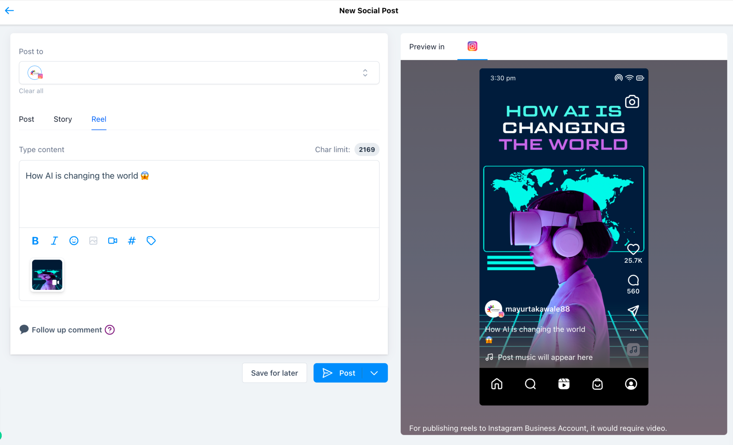 Instagram Reels Publishing Guide for the Social Planner – Step 4: Create your reel by uploading up to 10 images or videos