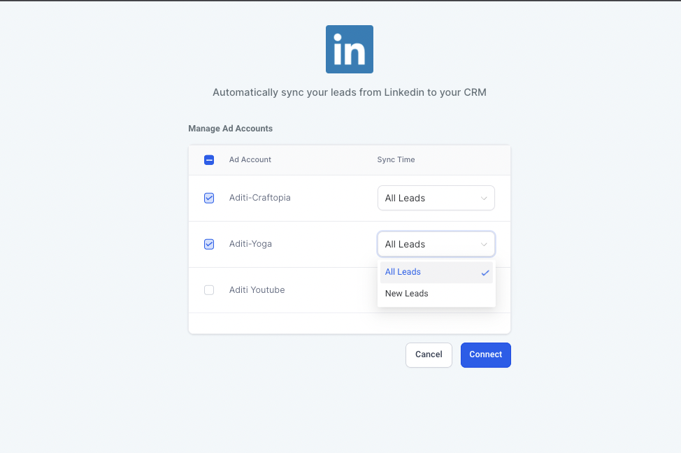 Integrating LinkedIn Lead Ads with CRM – Select Ad Accounts: