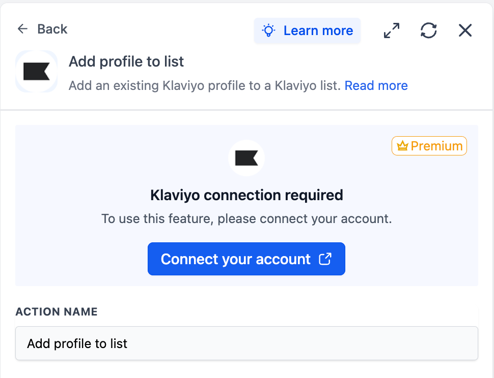 Klaviyo: Workflow Actions & Triggers – All triggers and actions are flagged as premium workflow components — premium action credits apply at the sta…