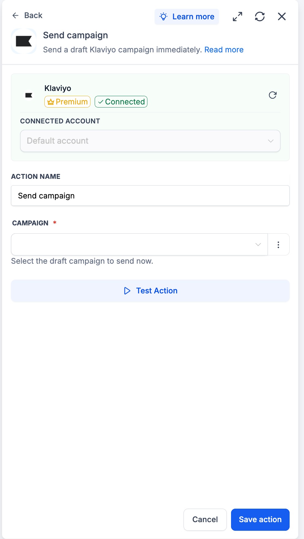 Klaviyo: Workflow Actions & Triggers – Save the action and run a full Test Workflow before publishing.