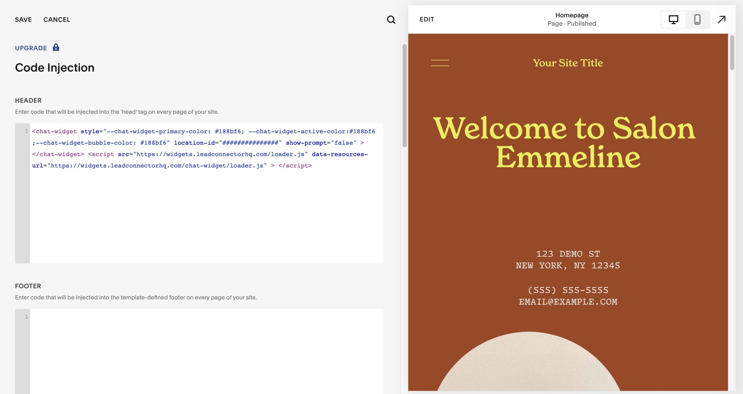 LeadConnector Webchat for Squarespace: How to Get Started – Method 1: Add a custom chat widget using Code Injection