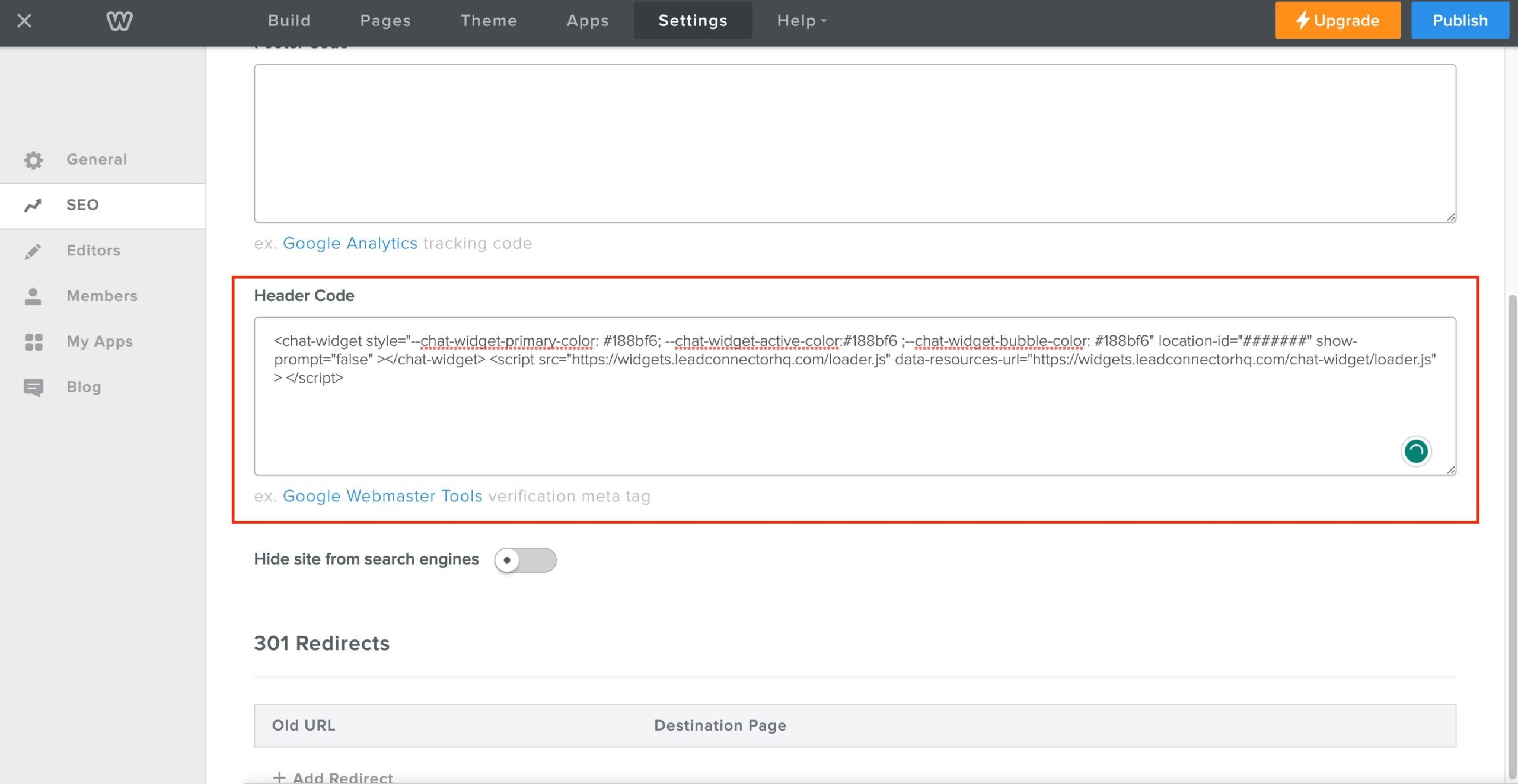 LeadConnector Webchat for Weebly: How to Get Started – Method 1: Adding a Custom Chat Widget with Weebly's Header Code Injection Feature