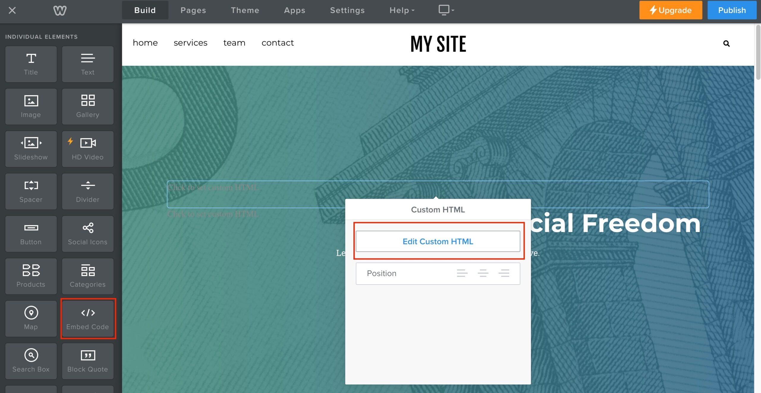 LeadConnector Webchat for Weebly: How to Get Started – Method 2: Adding a Custom Chat Widget with Weebly's Custom HTML/ Embed Code Element