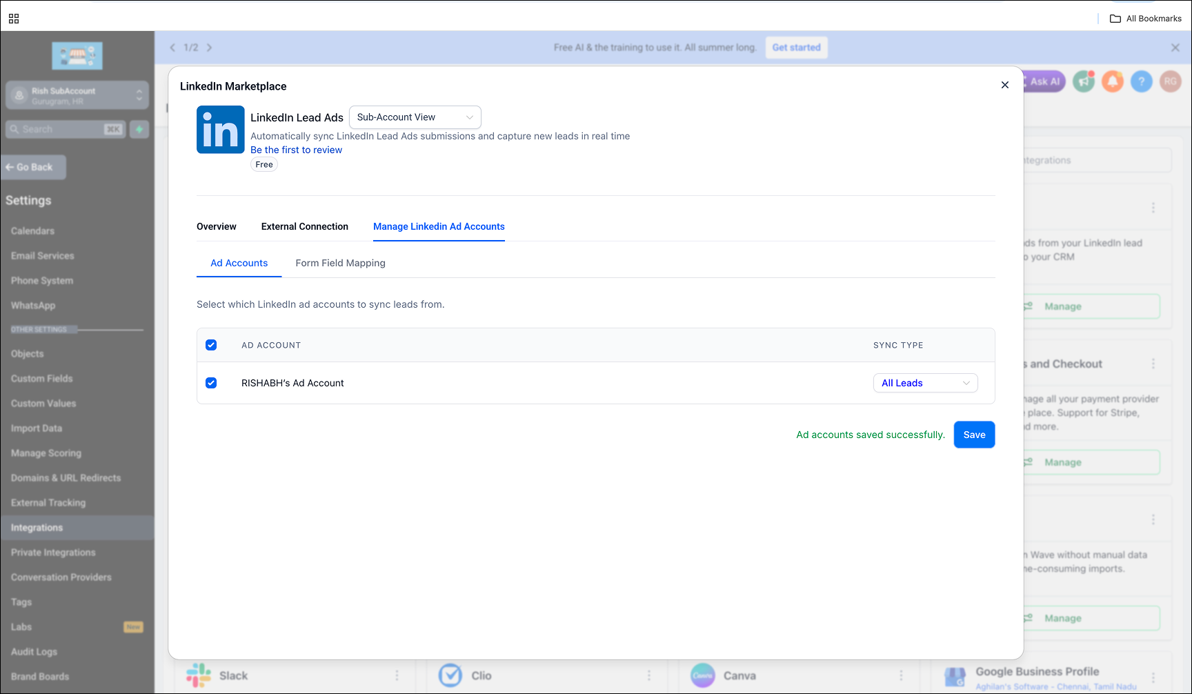 LinkedIn Lead Ads with CRM – Step 3: Select Your Ad Accounts