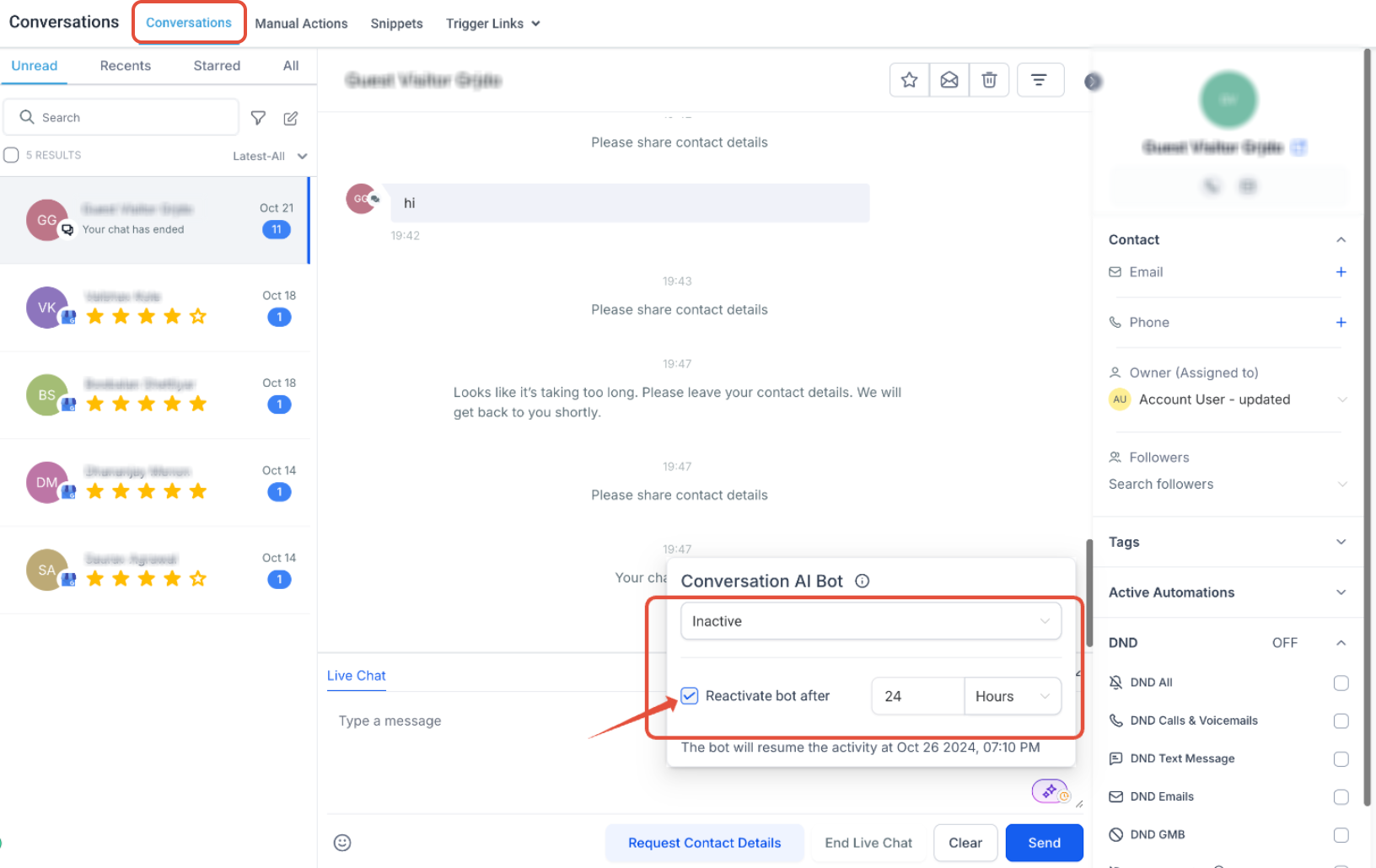 Manage Contact-Level AI Bot Settings – How to Turn Off Bot for a Specific Contact