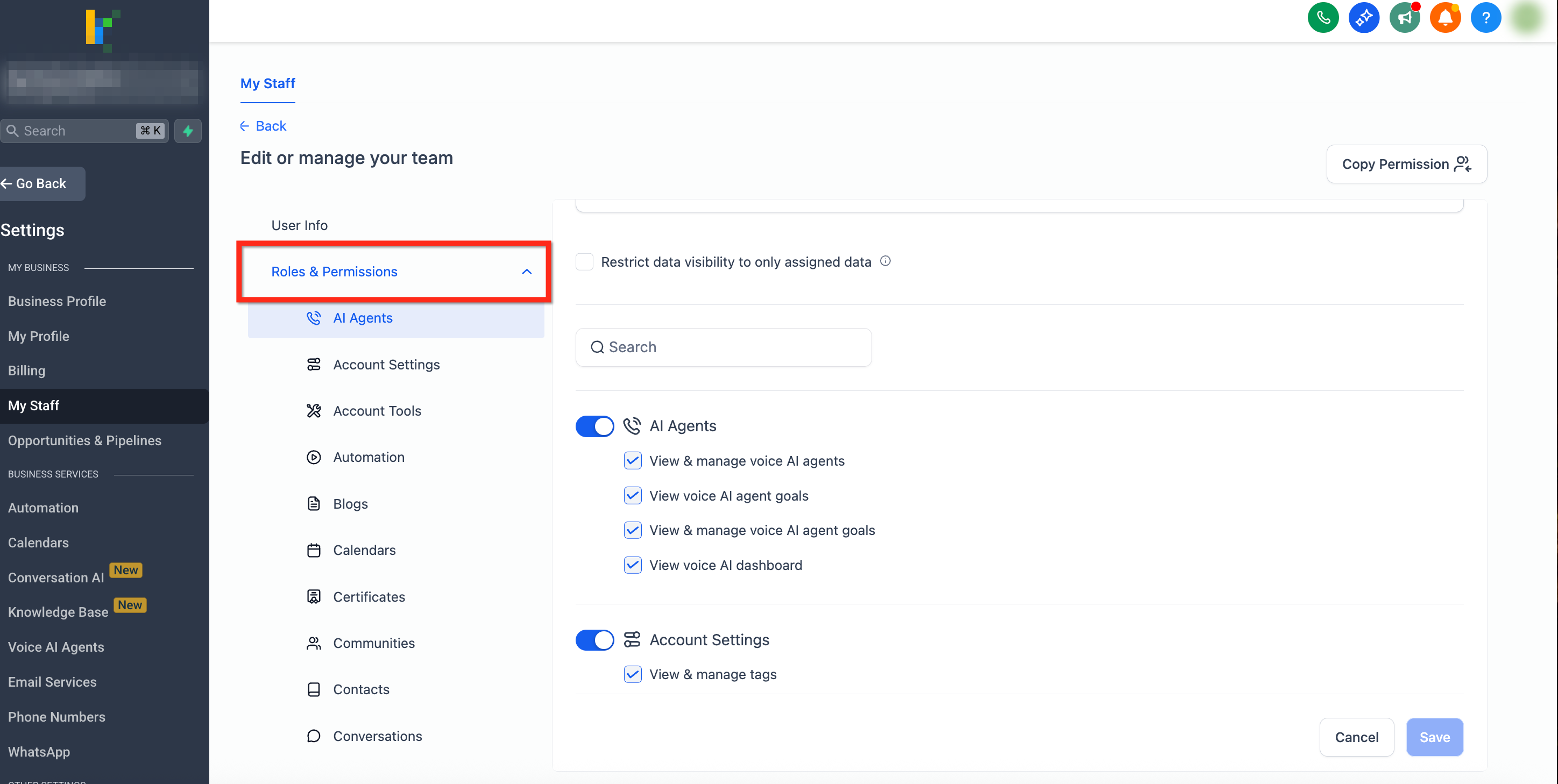 Managing Granular Permissions for Voice AI Agents – Step 2: Locate AI Agents Settings