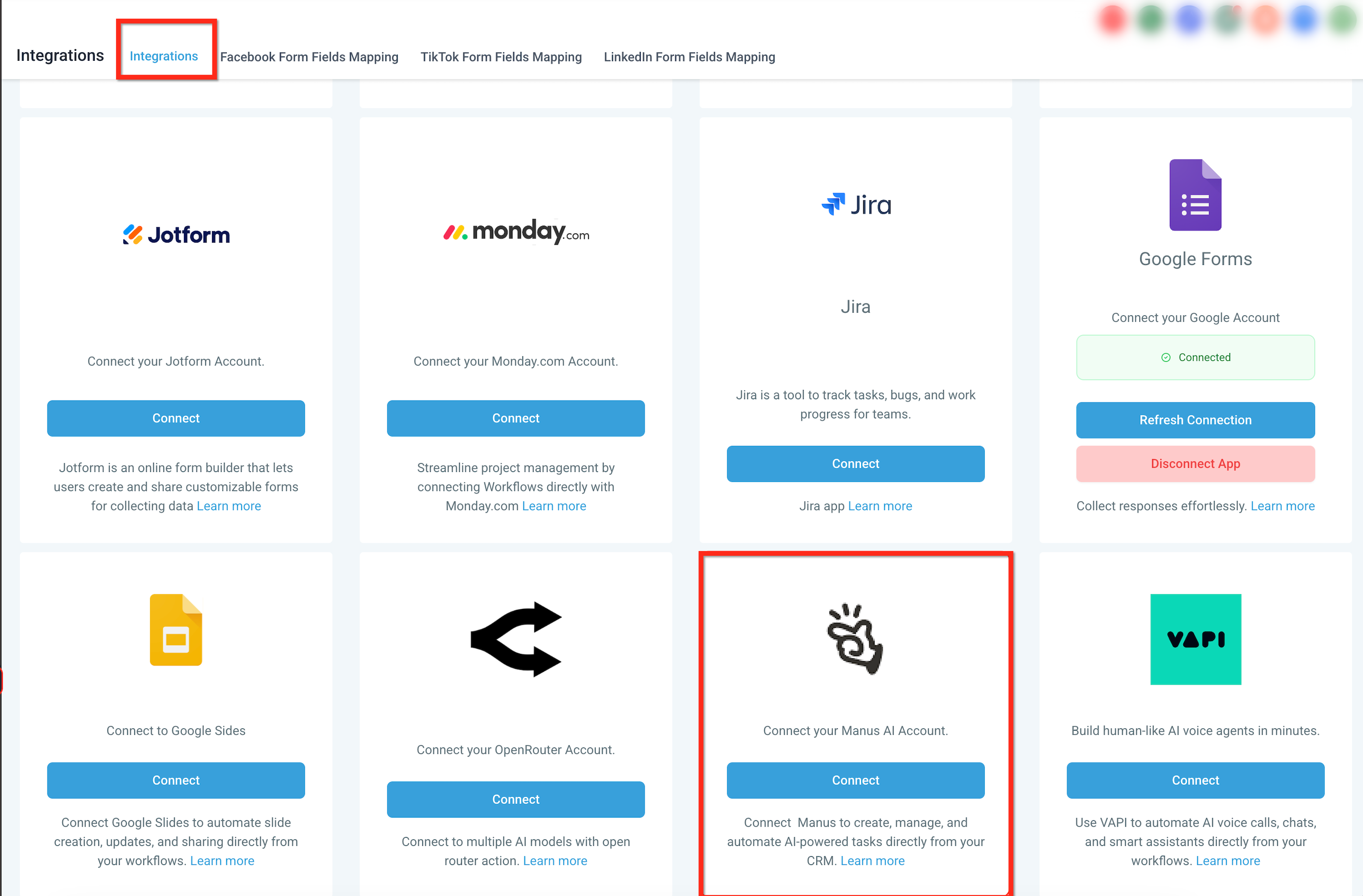 Manus AI Workflow Integration Guide – Connect Manus from the Integrations Page