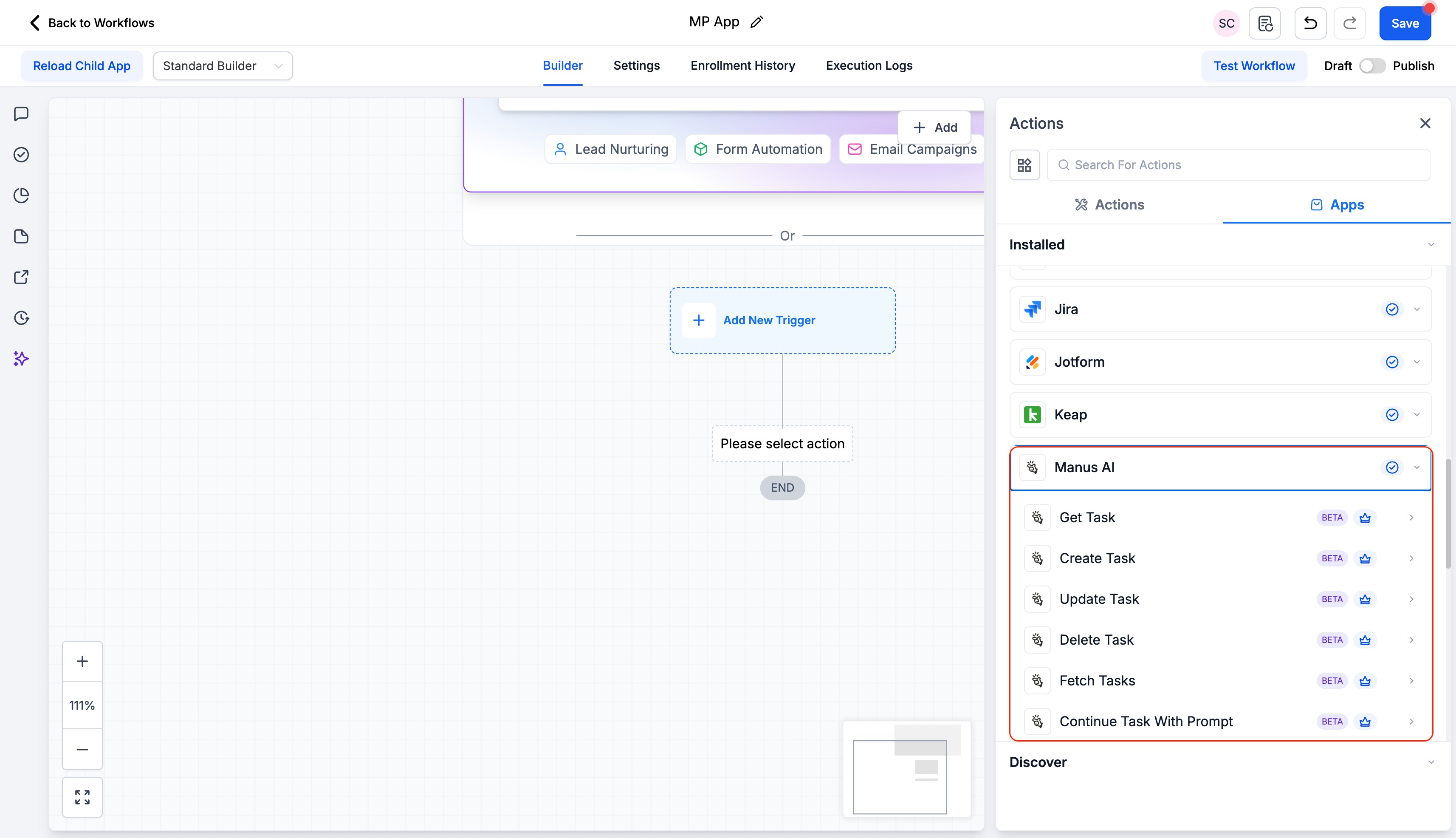 Manus AI Workflow Integration Guide – Select Manus Trigger from the Apps Tab