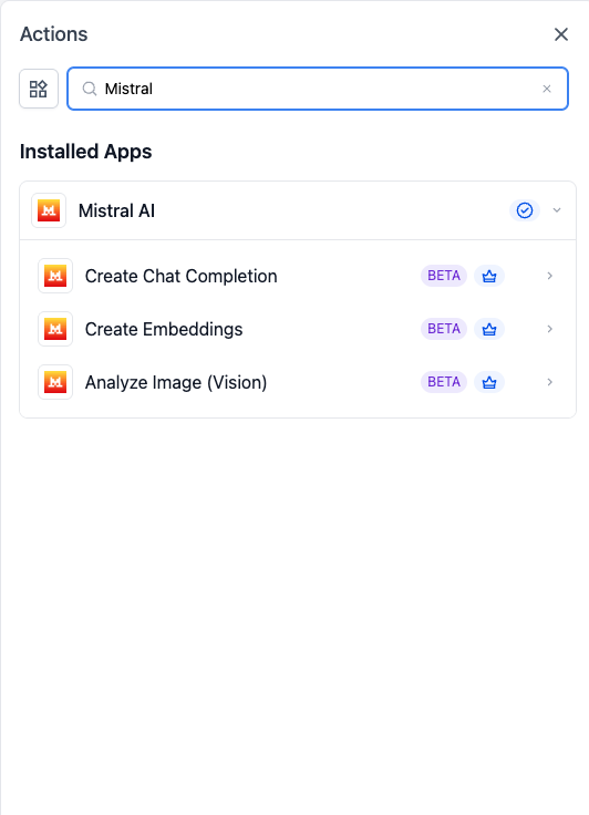 Mistral AI: Workflow Actions – Mistral AI workflow actions available in the action selector