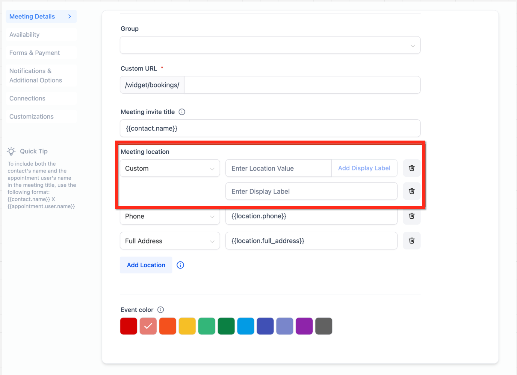 Multiple Meeting Location Selector in Calendar – Available Meeting Location Types