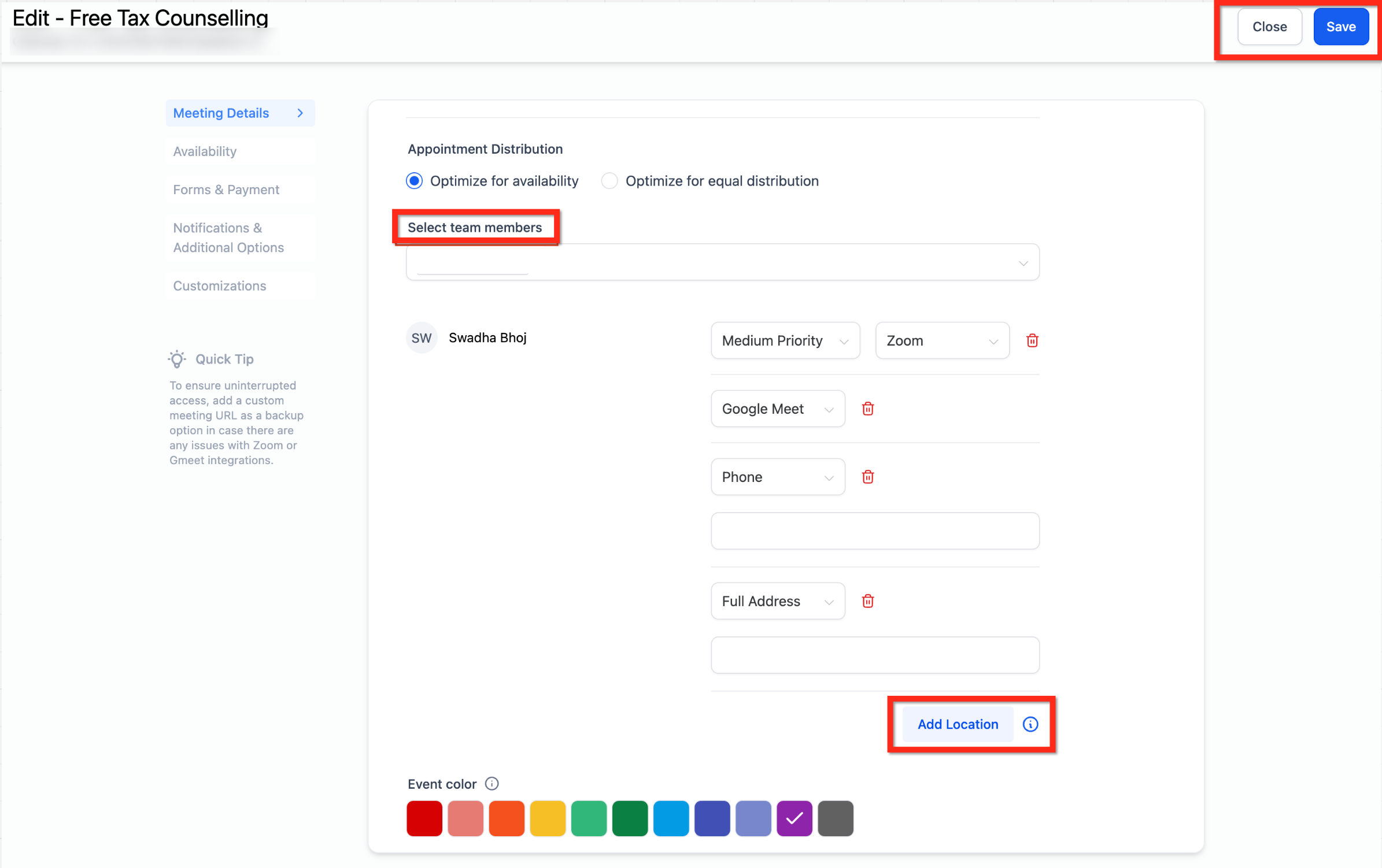 Multiple Meeting Location Selector in Calendar – Screenshot 2