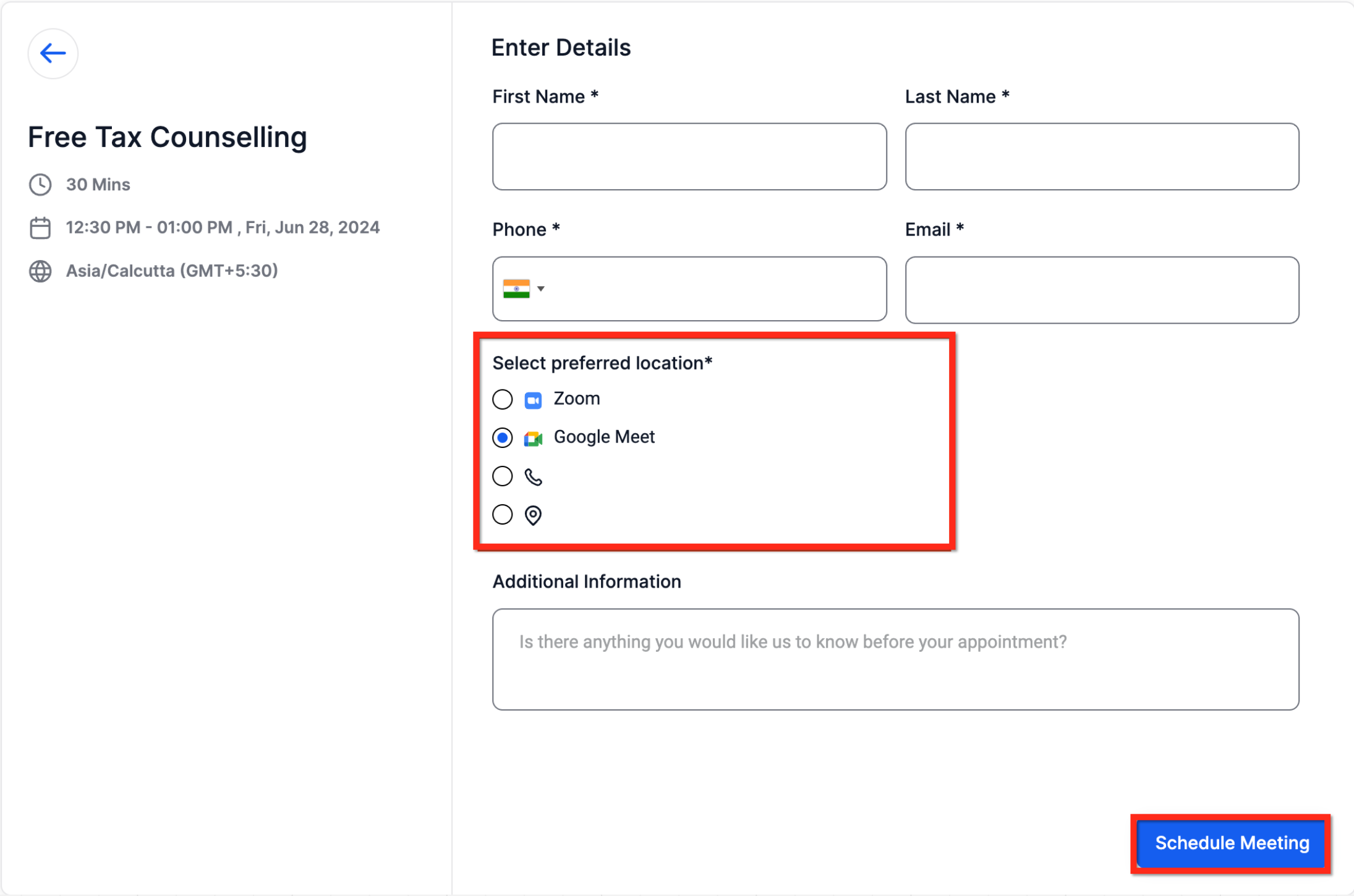 Multiple Meeting Location Selector in Calendar – What Bookers See During Scheduling