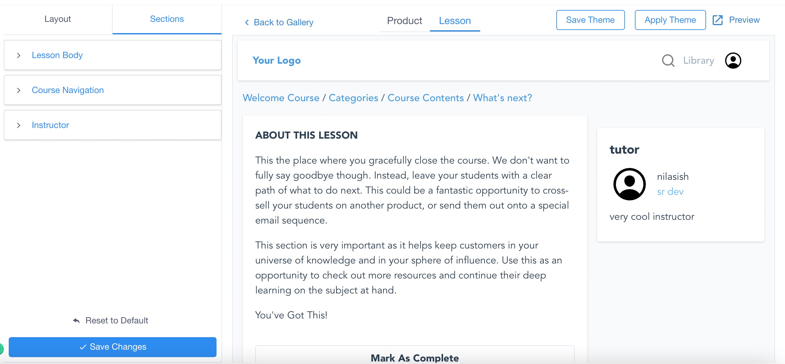 How to use memberships themes – The following set of properties can be changed under Sections in Lesson page: