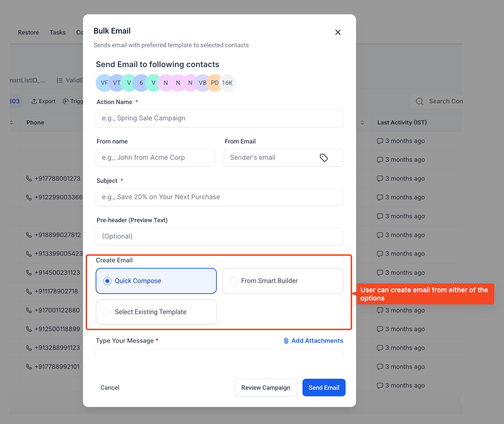 New UI for Email creation via Bulk action in Contacts – Unified Email Creation Flow