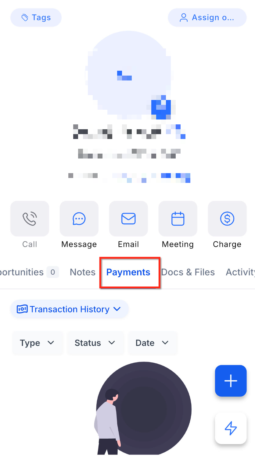 Payments Tab in Contacts and Opportunities on Mobile – From a Contact