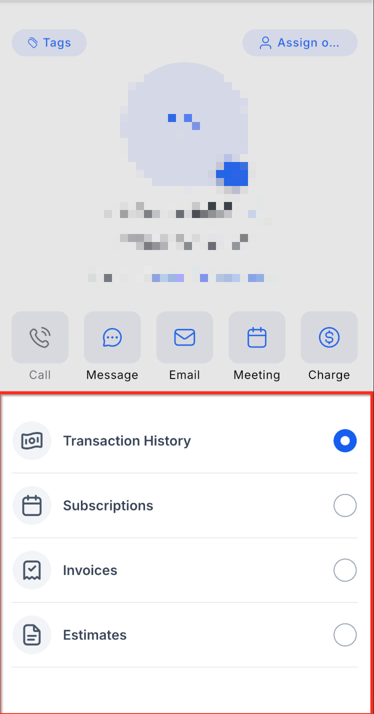 Payments Tab in Contacts and Opportunities on Mobile – From a Contact