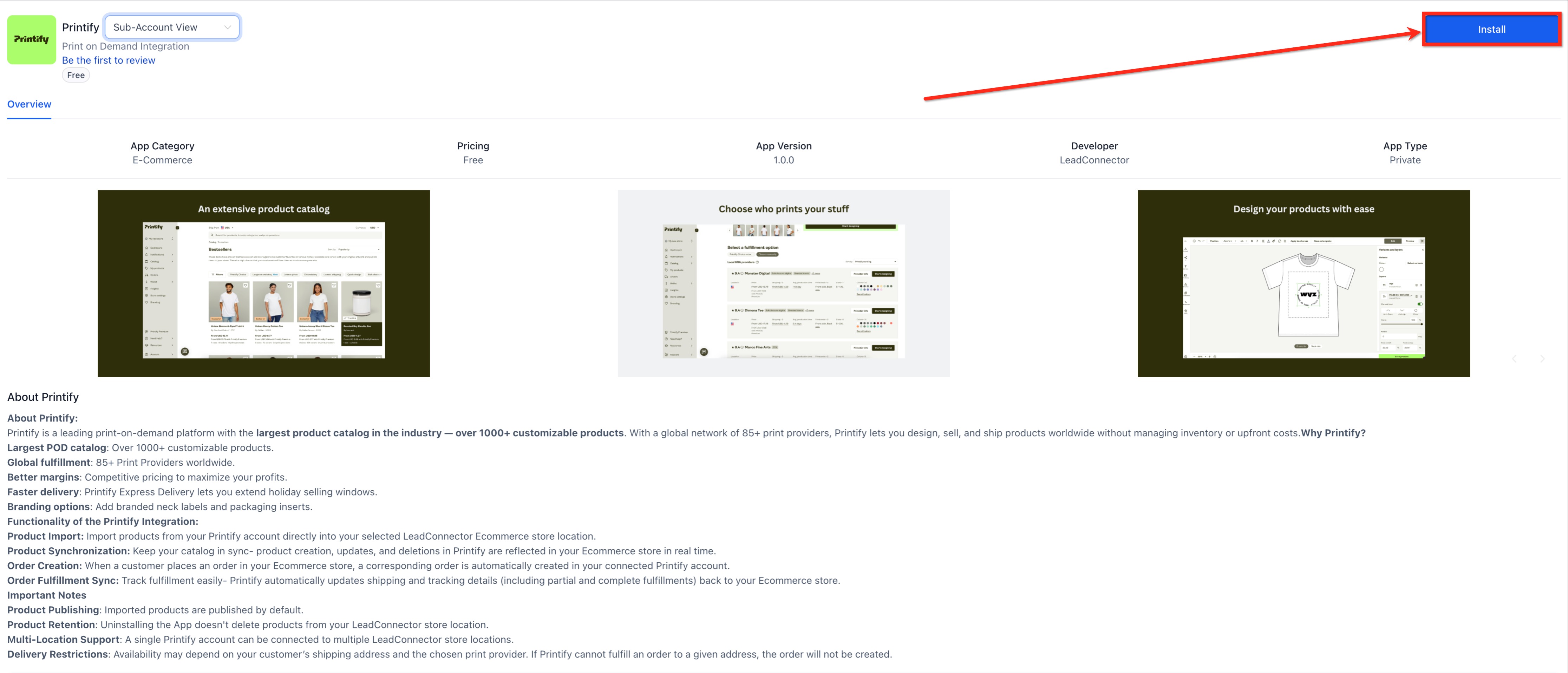 Printify Integration for Ecommerce Stores – In your sub-account, open App Marketplace.