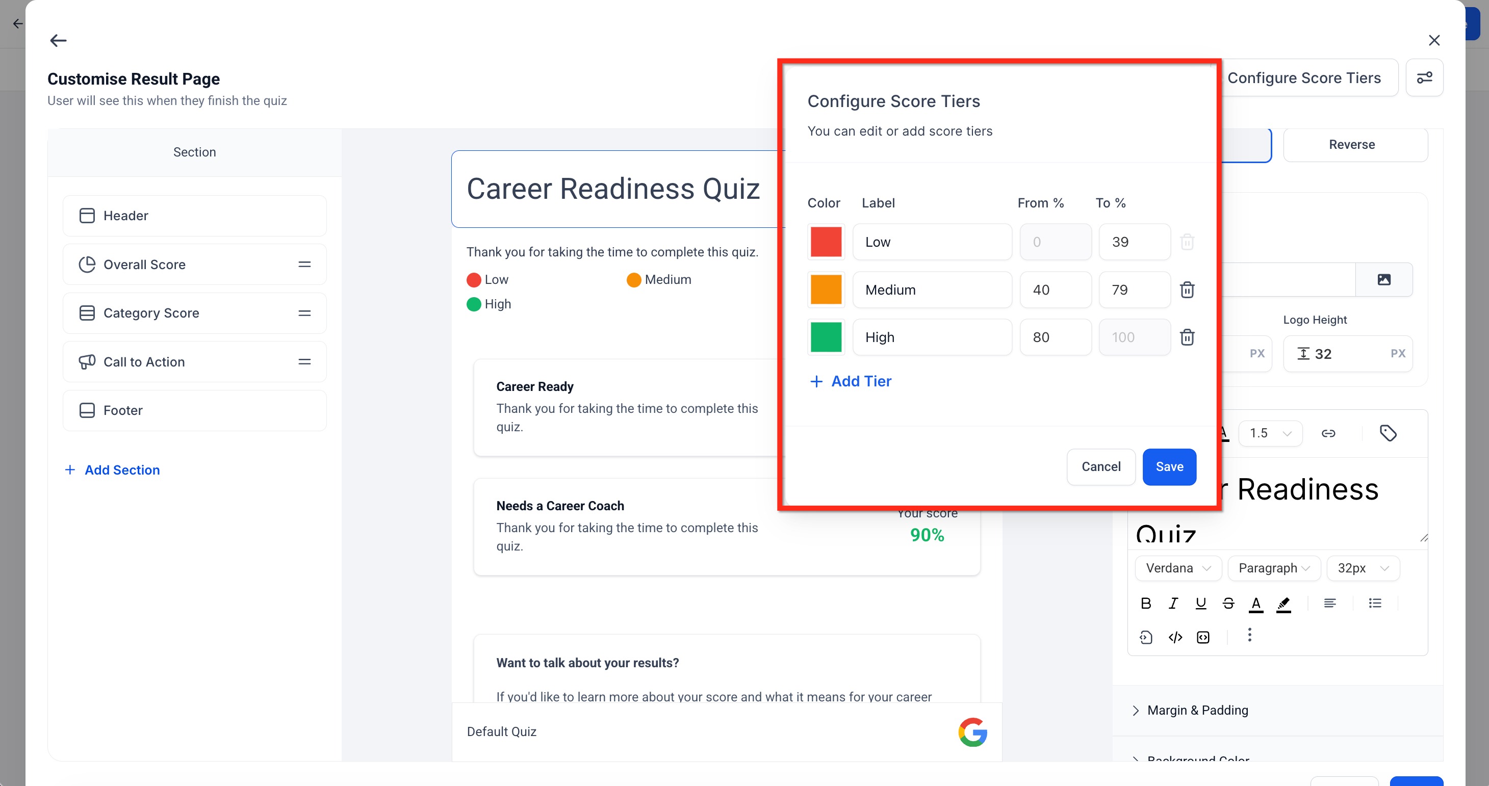 Quiz Builder Guide – How to Configure Score Tiers on the Results Page