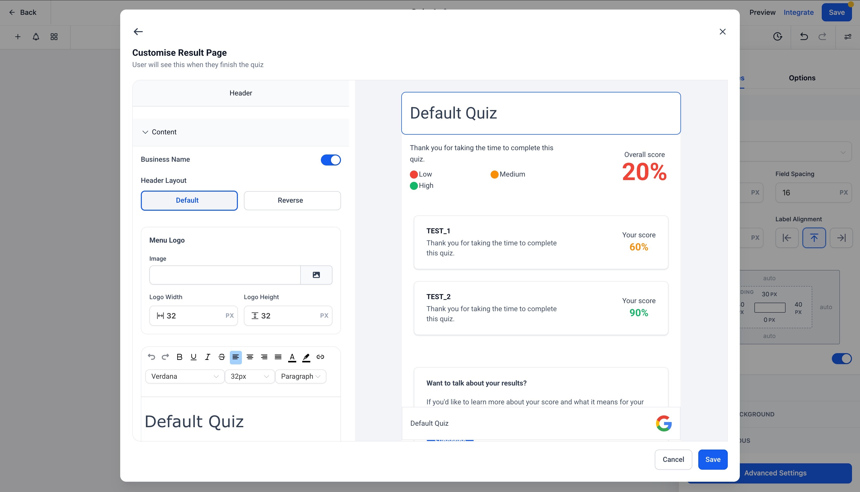 Quiz Builder Guide – Results Page