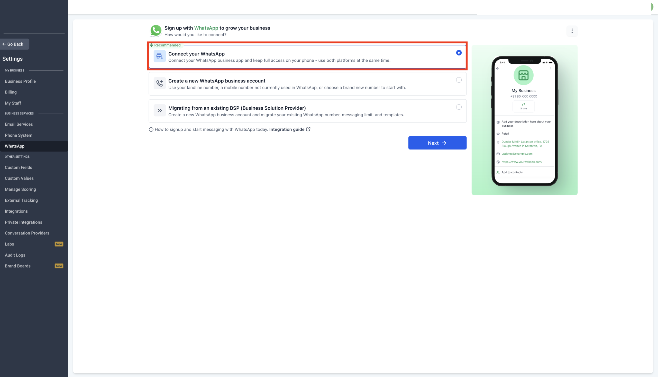 How to Enable WhatsApp in your account? – Navigate to Settings > WhatsApp and select Connect your WhatsApp.