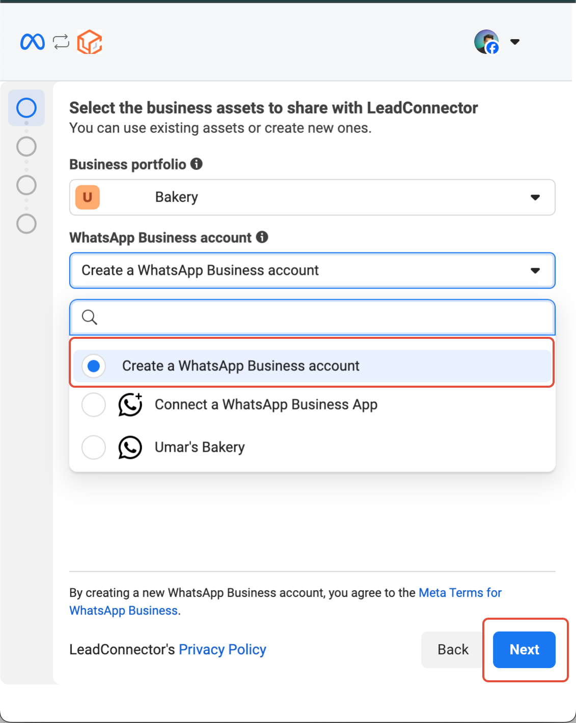 How to Enable WhatsApp in your account? – Fill in all required business information, select Create WhatsApp Business Account, then click Next.