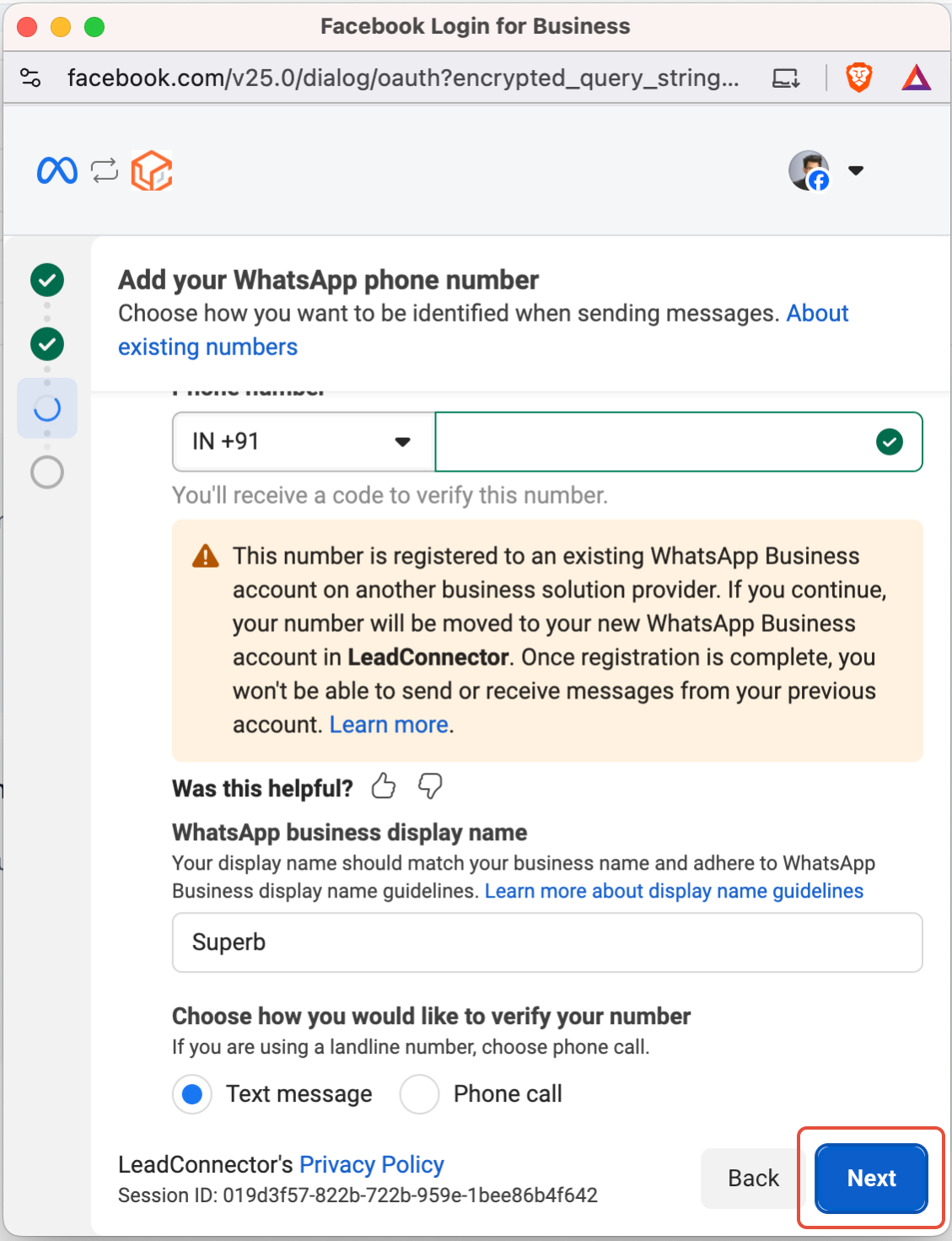 How to Enable WhatsApp in your account? – Click Next to receive your verification code and proceed with number verification.